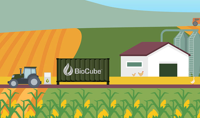 A cartoon image of a field of corn, a barn and a tractor pulling a shipping container with the word biocube on it 