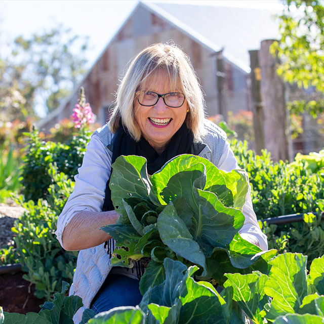 A blonde woman with glasses sitting behind a garden bed holding a big green cabbage