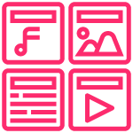 Pink icons of media including music, photography, articles and a video icon