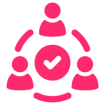 Pink icon of three people with a tick in the middle 